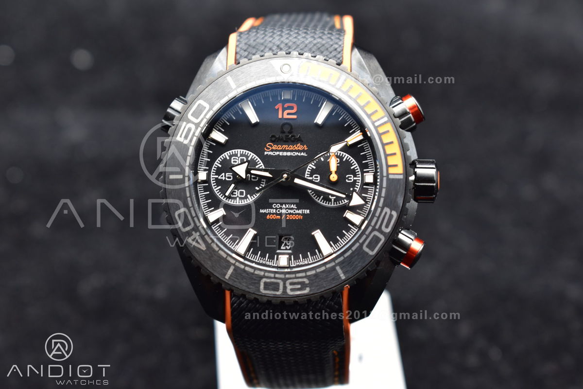 Planet Ocean Master Chronometer OMF DLC Black/Orange Bezel Black Dial on Black Nylon Strap A9900 (Black Balance Wheel) 